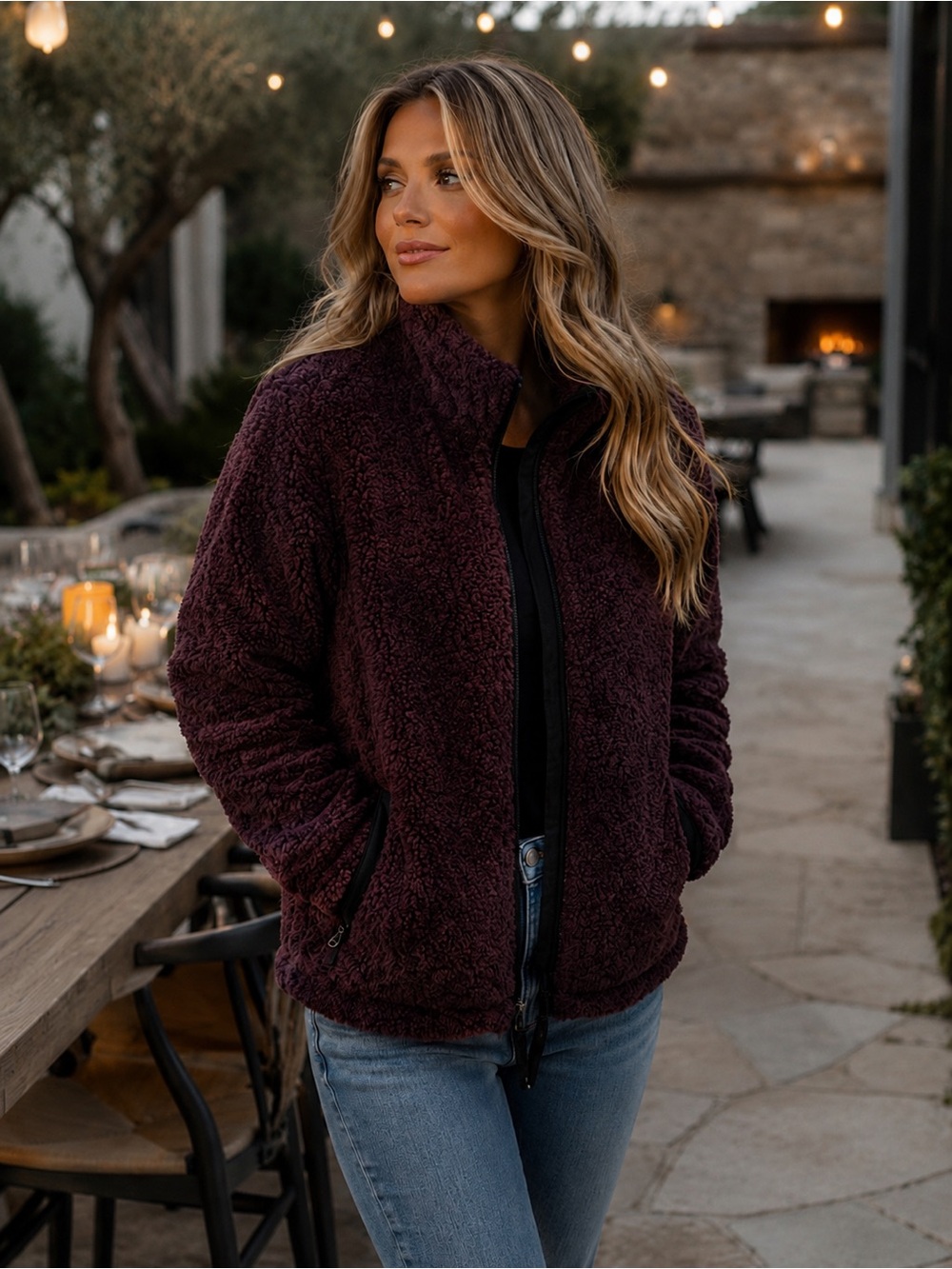 Que Plush Sherpa Zip Jacket in Deep Plum